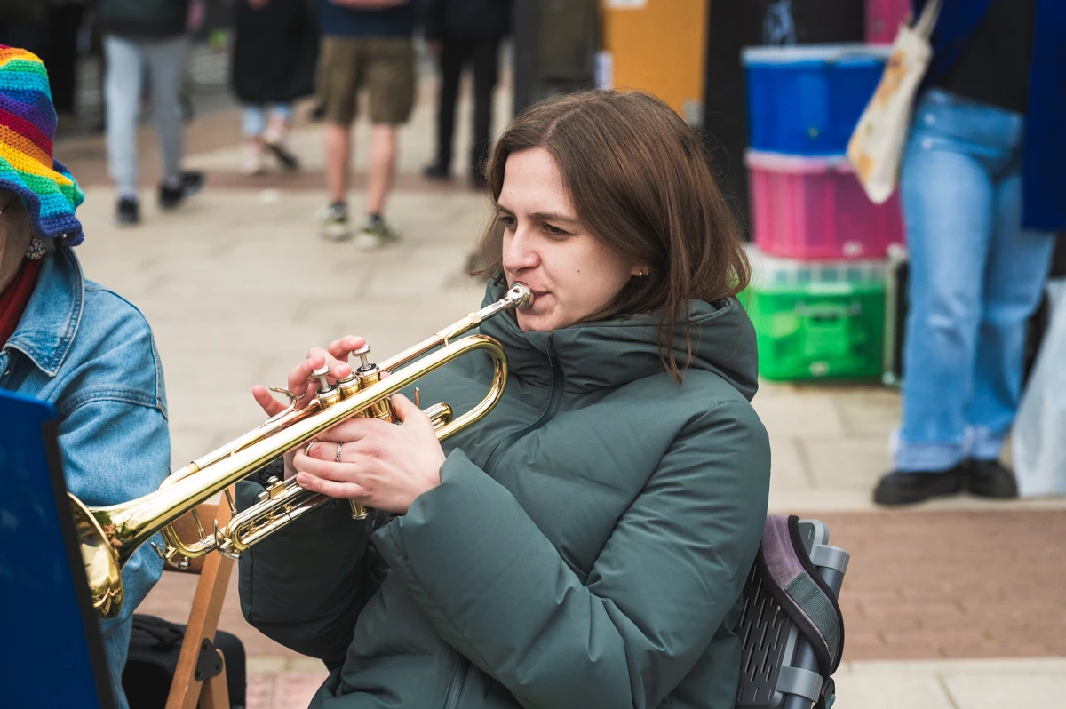 A jazz trumpet player in performance